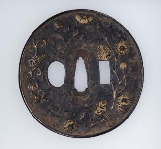 Tsuba with design of chrysanthemums and other flowers