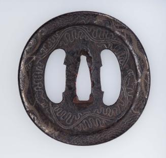 Tsuba with two large namazu piercings and design of dragons and karakusa