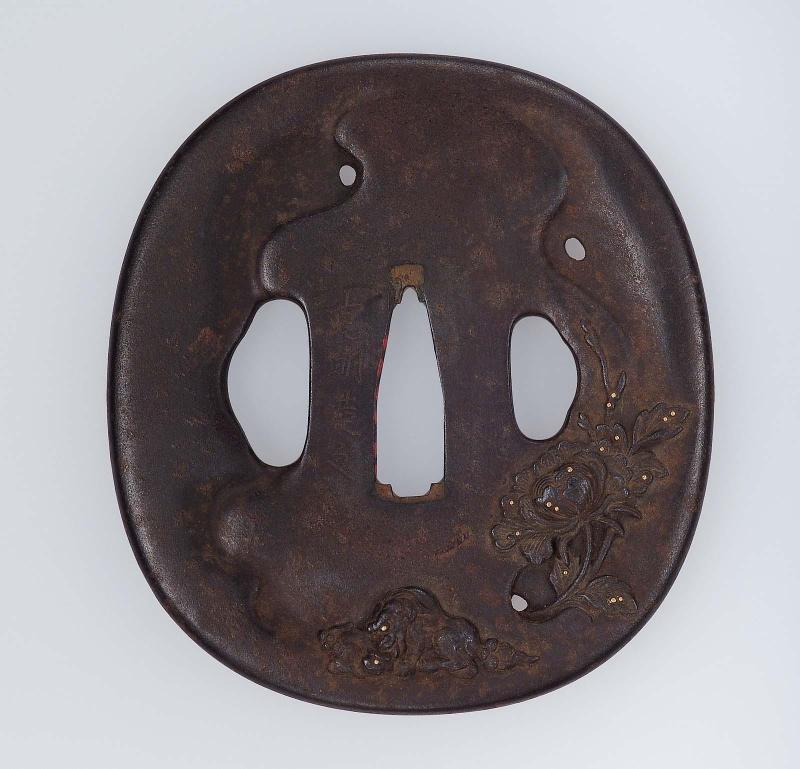 Tsuba with design of shishi and peonies