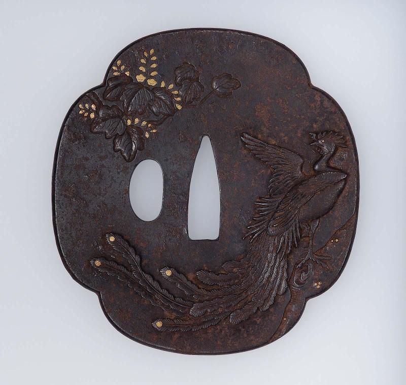 Tsuba with design of ho-o bird and paulownia