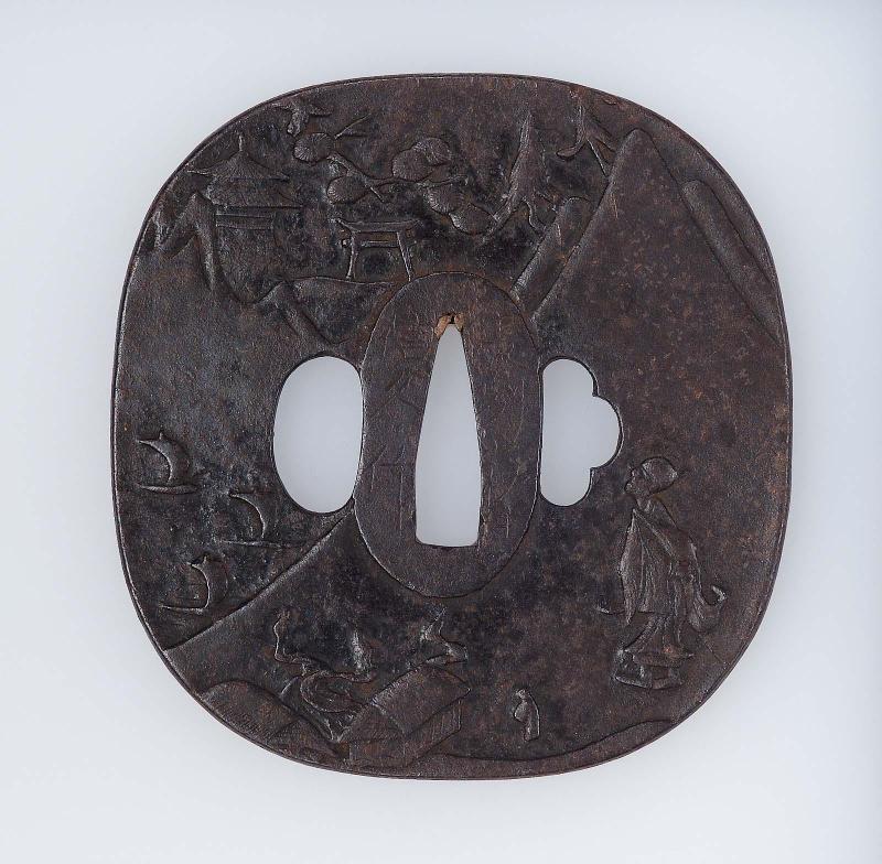 Tsuba with design of a landscape with figures