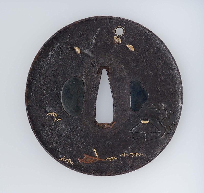Tsuba with design of a landscape with hut and boat