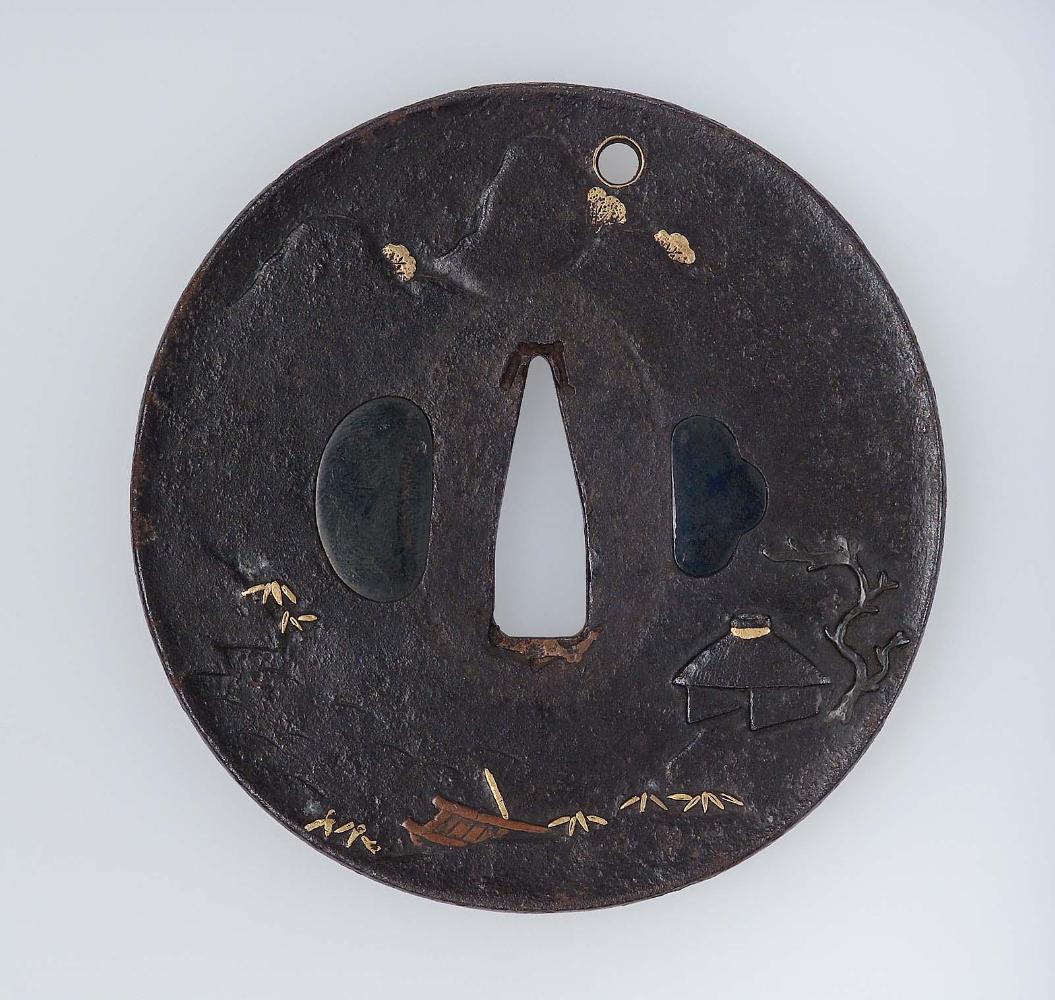 Tsuba with design of a landscape with hut and boat