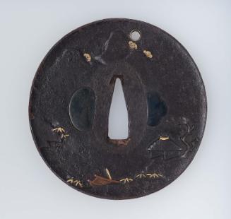 Tsuba with design of a landscape with hut and boat