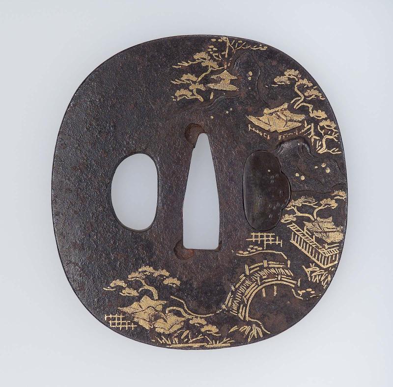 Tsuba with design of a landscape with bridge and buildings