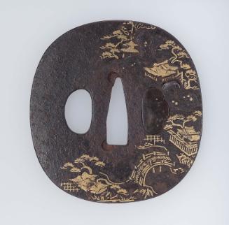Tsuba with design of a landscape with bridge and buildings
