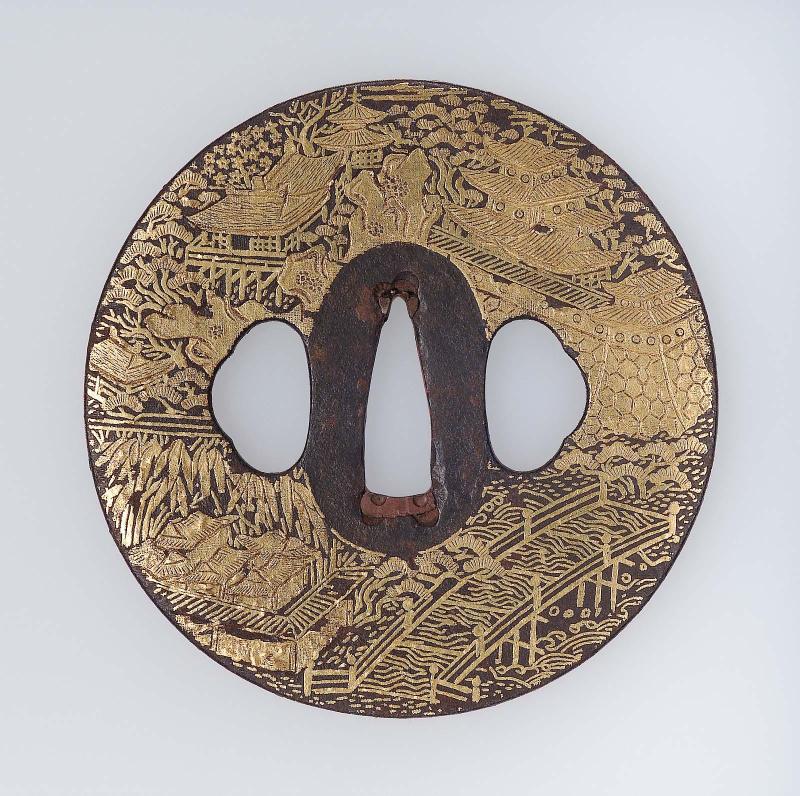 Tsuba with design of castle and bridge