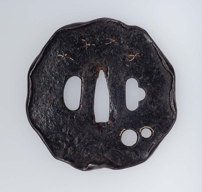 Tsuba with design of birds and waves