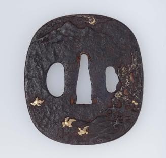 Tsuba with design of birds, waves, crags, mountains and moon