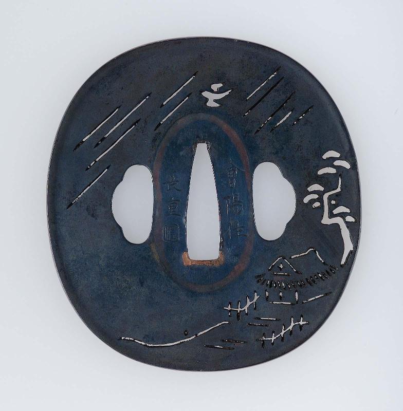 Tsuba with design of rustic dwelling and trees in the rain