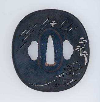 Tsuba with design of rustic dwelling and trees in the rain