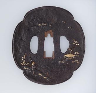 Tsuba with design of landscape with a fisherman, rustic dwelling and birds