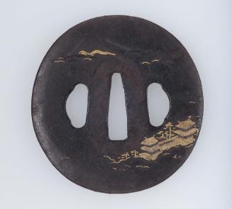 Tsuba with design of landscape with buildings