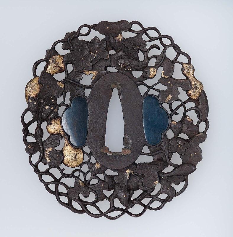 Tsuba with design of squirrel, mantis, butterfly and gourd-vine