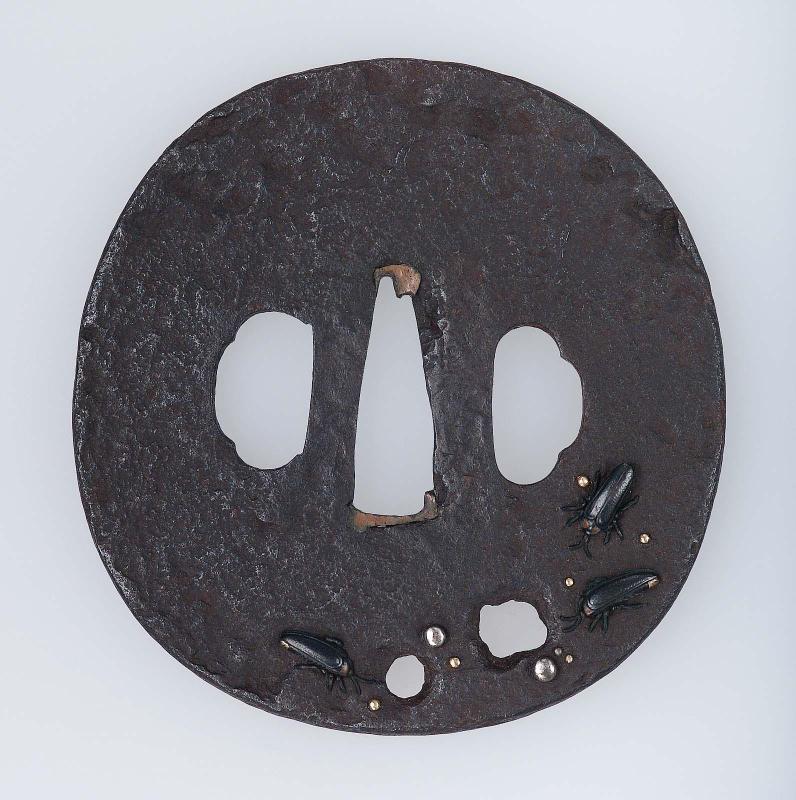 Tsuba with design of dewdrops and insects
