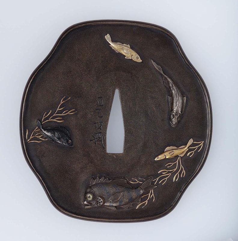 Tsuba with design of fish and weeds