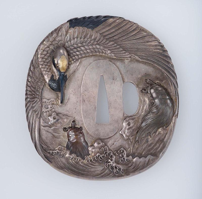 Tsuba with design of crane and minogame