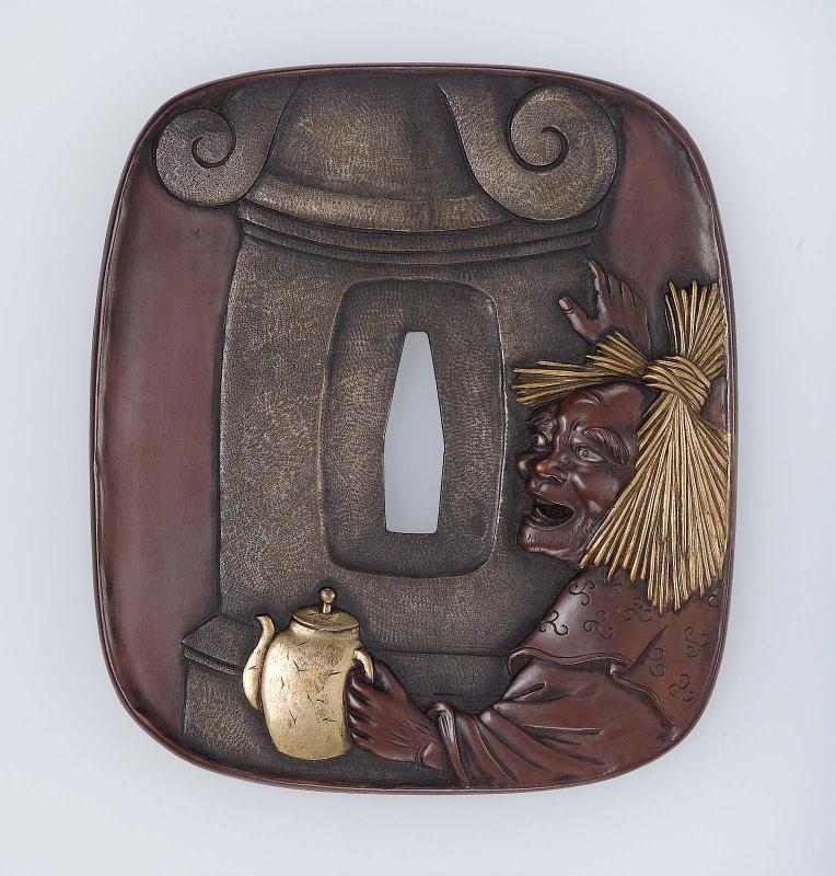 Tsuba with design of temple attendant and lantern