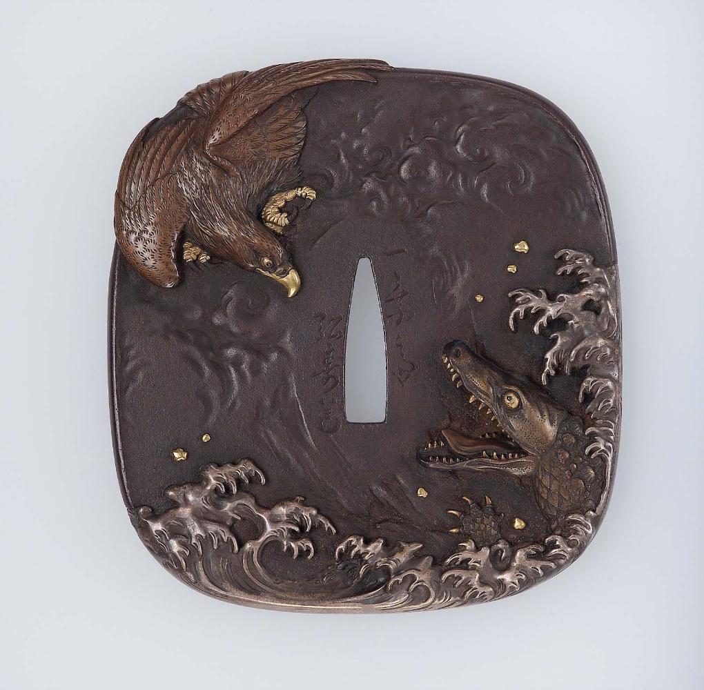 Tsuba with design of eagle and crocodile