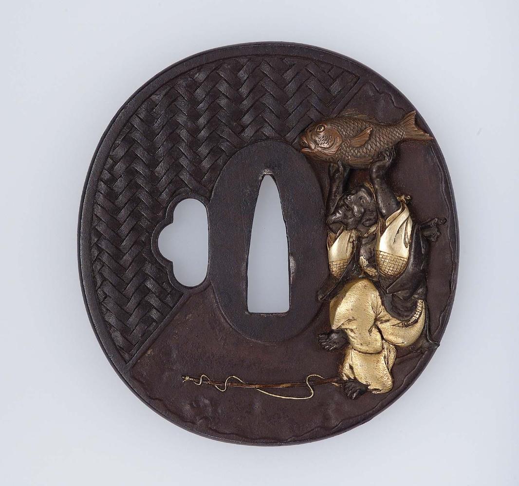 Tsuba with design of Ebisu holding a carp over his head