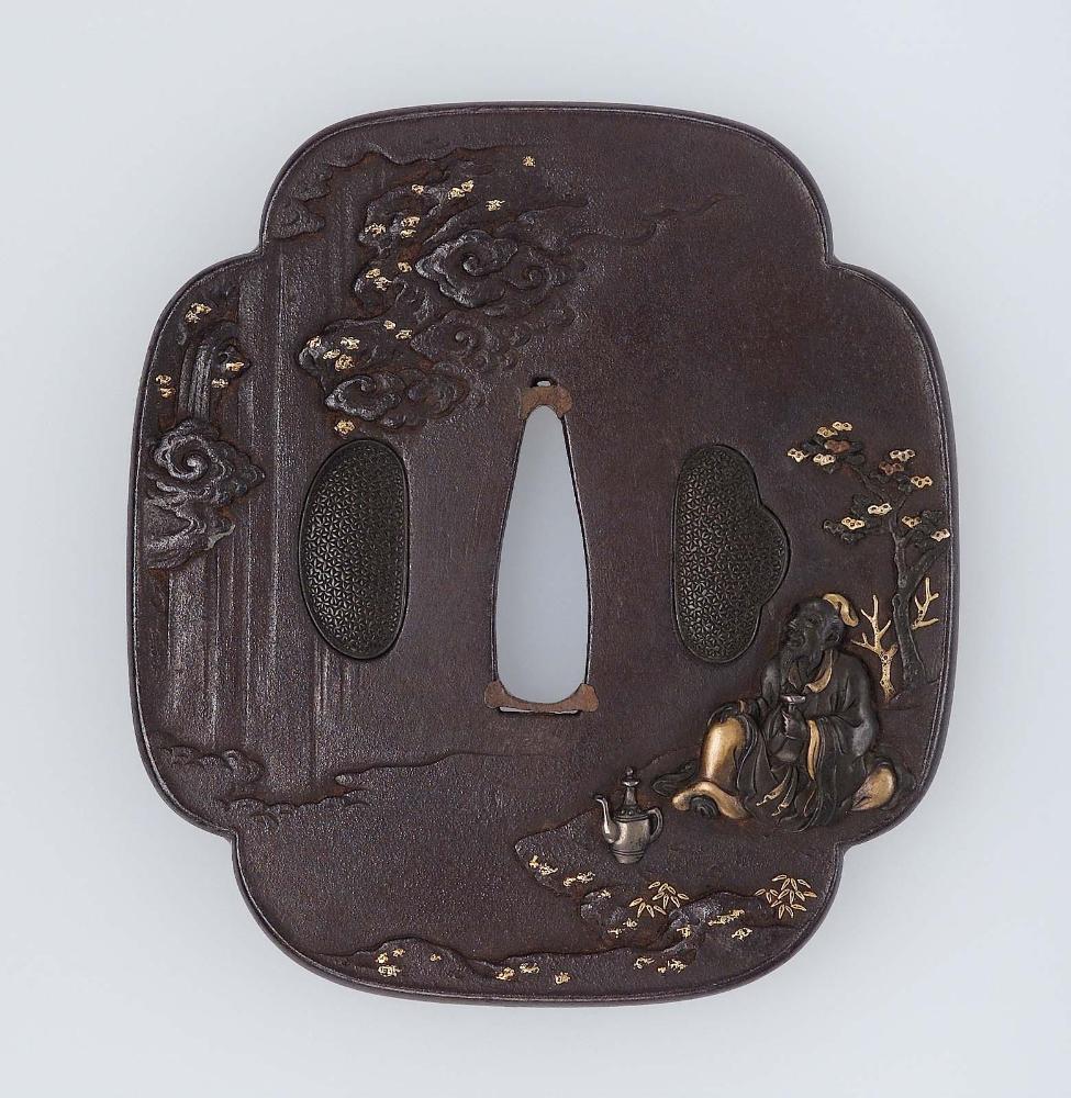 Tsuba with design of Li Bai admiring a waterfall