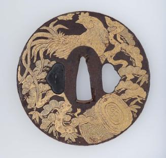 Tsuba with design of a cockerel on a drum symbolizing peaceful and just government (kankodori), pheasant and pine