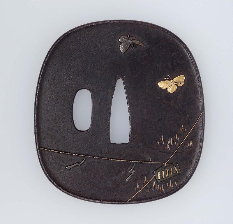 Tsuba with design of butterflies, naruko, rice-paddy, asagao and trellis