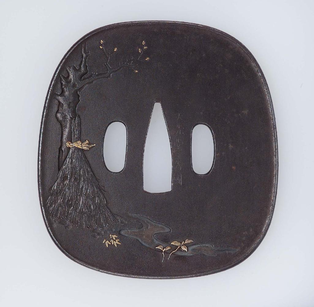 Tsuba with design of bundle of rice straw, tree, dragonflies and scarecrow