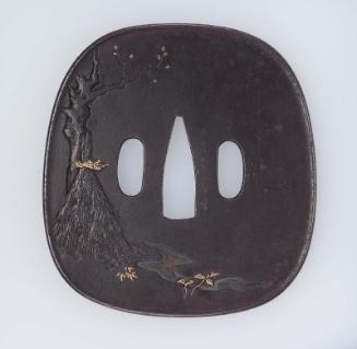 Tsuba with design of bundle of rice straw, tree, dragonflies and scarecrow