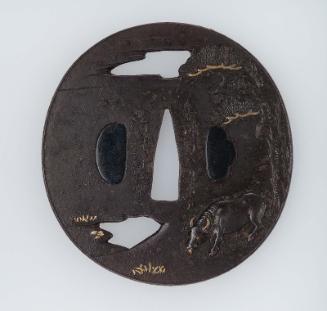 Tsuba with design of water-buffalo and pine tree