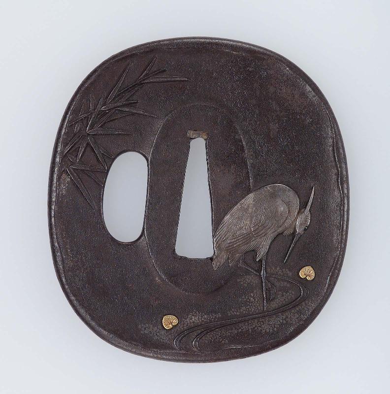 Tsuba with design of egret, stream and bamboo