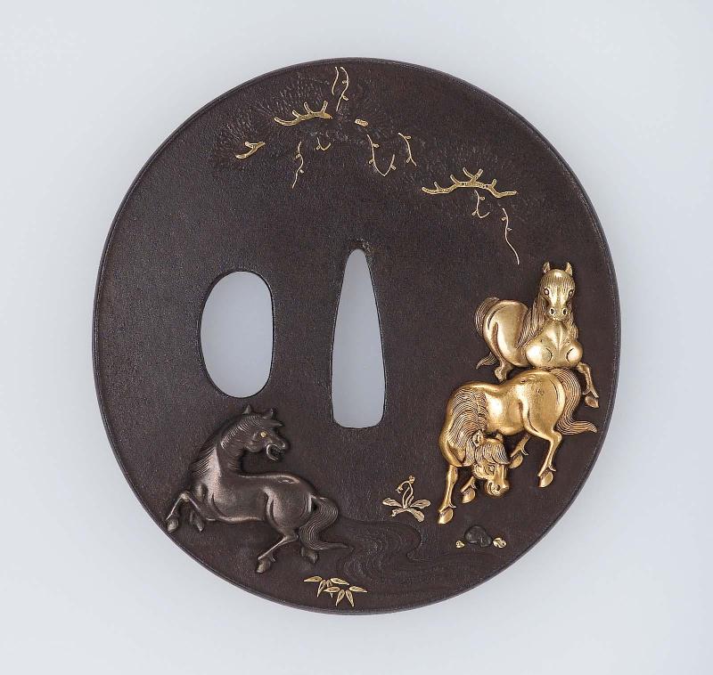 Tsuba with design of horses, stream and pine