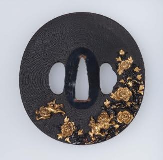 Tsuba with design of shishi and peonies