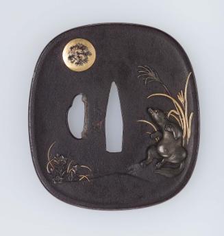 Tsuba with design of a tanuki drumming on its belly beneath the moon