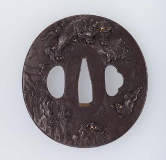Tsuba with design of gamboling shishi
