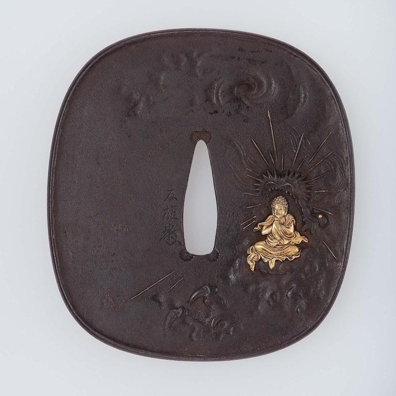 Tsuba with design of Amida seated in the mouth of a dragon