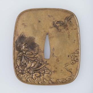 Tsuba with design of the Chinese stellar god Kaisei (Kui Xing) losing his dipper in a storm