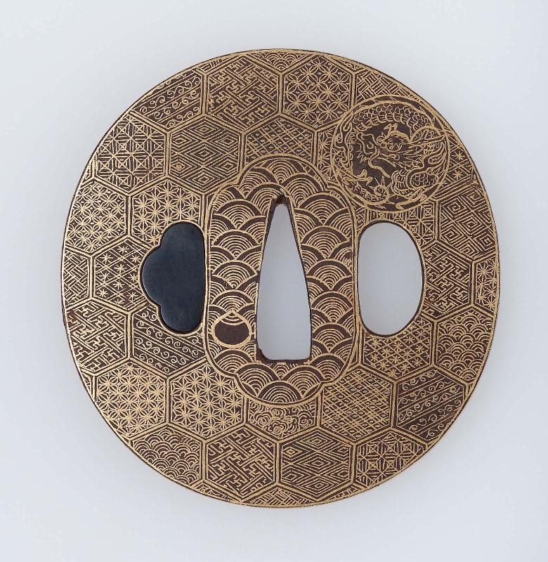 Tsuba with design of seigaiha and other small patterns, with dragon roundels
