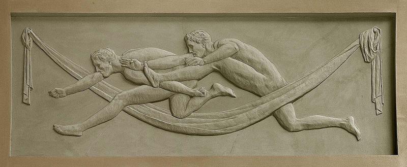 Bas-relief of two classical male figures jumping hurtles