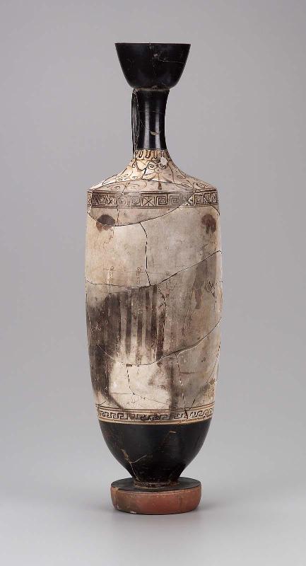 Oil flask (lekythos) with two women, one holding a large basket filled with red ribbons