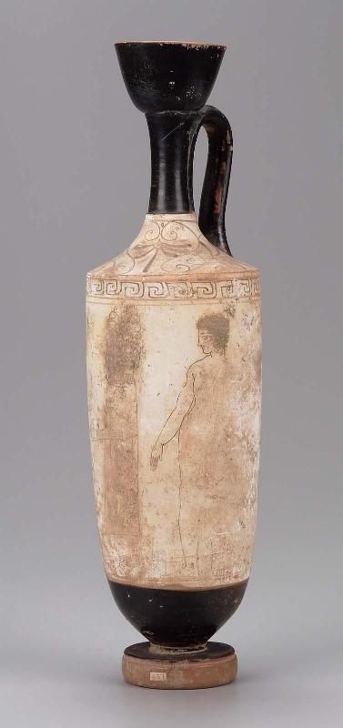 Oil flask (lekythos) depicting a mourning woman, winged spirit (eidolon), and youth at a grave