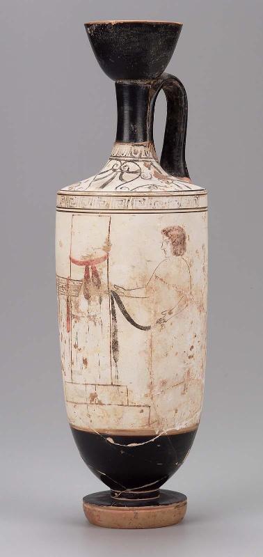Oil flask (lekythos) with two women visiting a grave