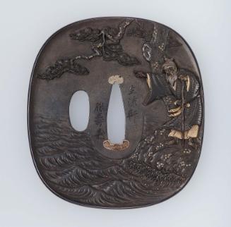 Tsuba with design of an old man guiding Hikohohodemonimikoto to Ryujin's palace