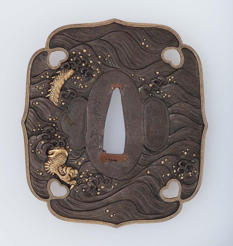 Tsuba with design of dragon and waves