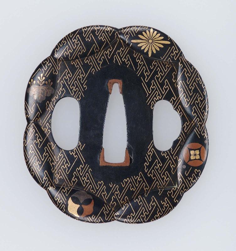 Tsuba with design of keyfret and floral ornament