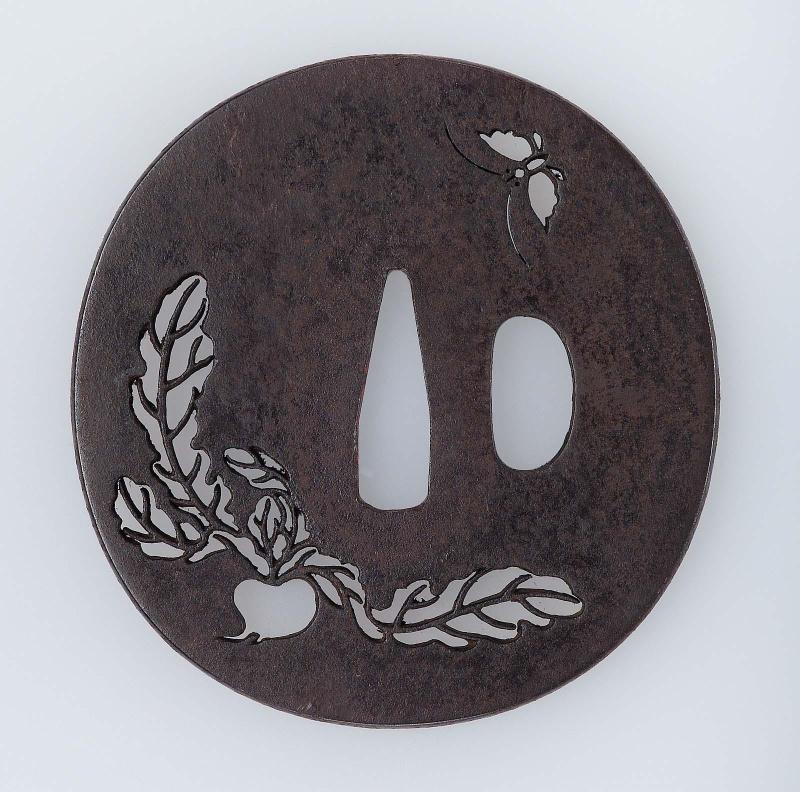 Tsuba with design of turnip and butterfly
