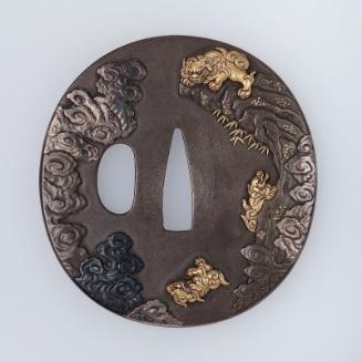 Tsuba with design of mother shishi testing the endurance of her cubs
