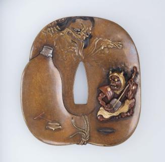 Tsuba with design of a specter rising from a gourd and  terrifying a samisen-playing demon