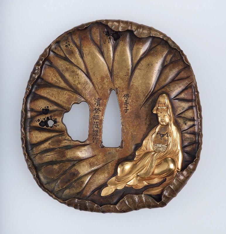 Tsuba with design of White-Robed Kannon sitting in a lotus leaf