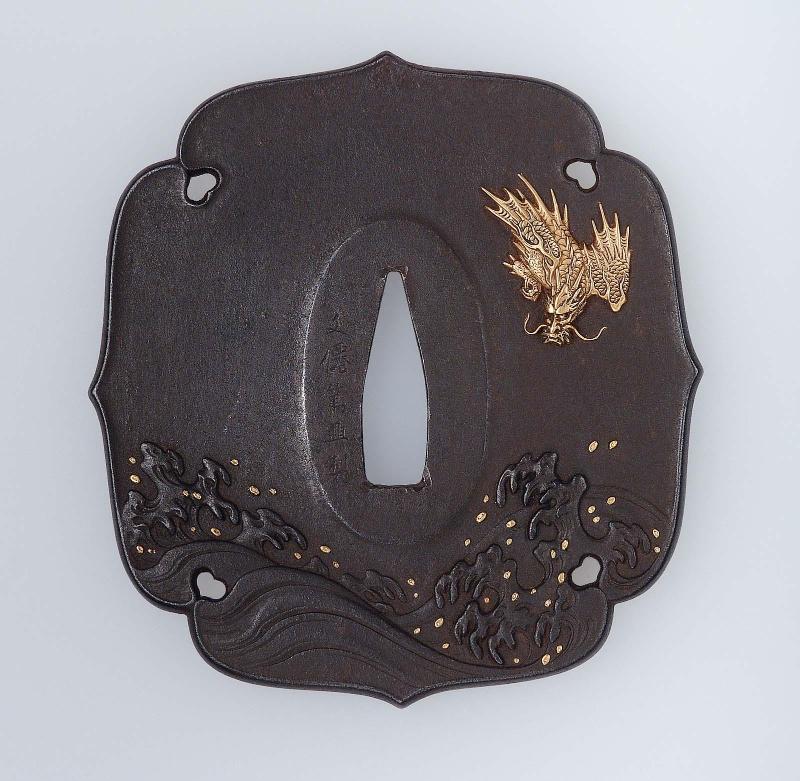 Tsuba with design of dragon and waves
